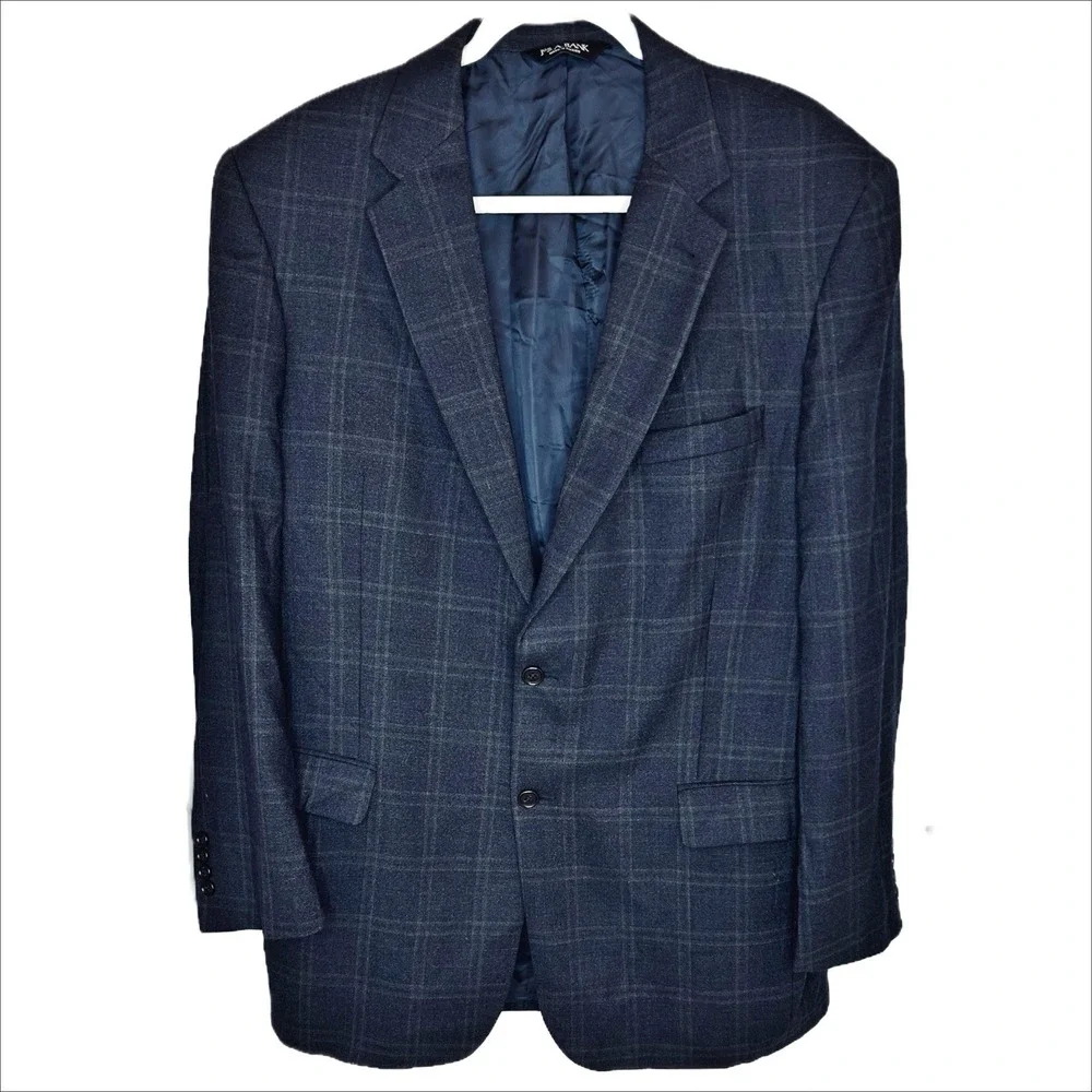 Jos A Bank Wool Sport Coat 44L Navy Blue Gray Windowpane‎ Plaid Gordon Blazer